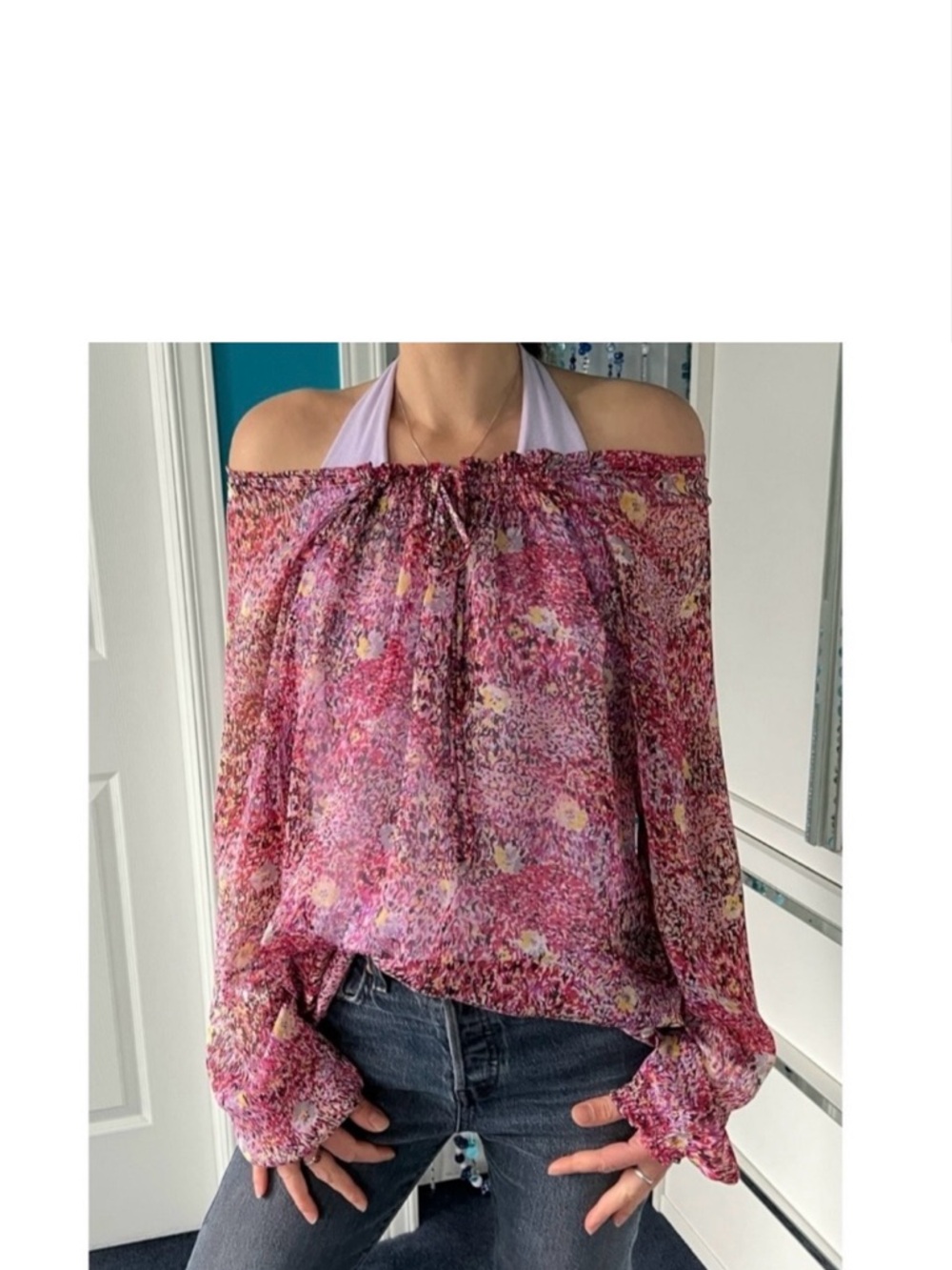 🇨🇦Floral Sheer Blouse • On-Off Shoulder • Elastic Neckline • Pink/Yellow/Black